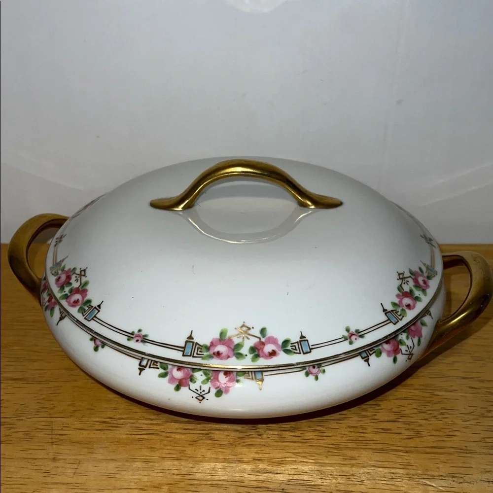 Antique Nippon Porcelain Elegant Floral Lidded Serving Dish with Gold Accents
